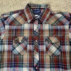 Vintage Wrangler Plaid Pearl Snap Button Up Short Sleeve X-Long Tails 17-1/2 XXL